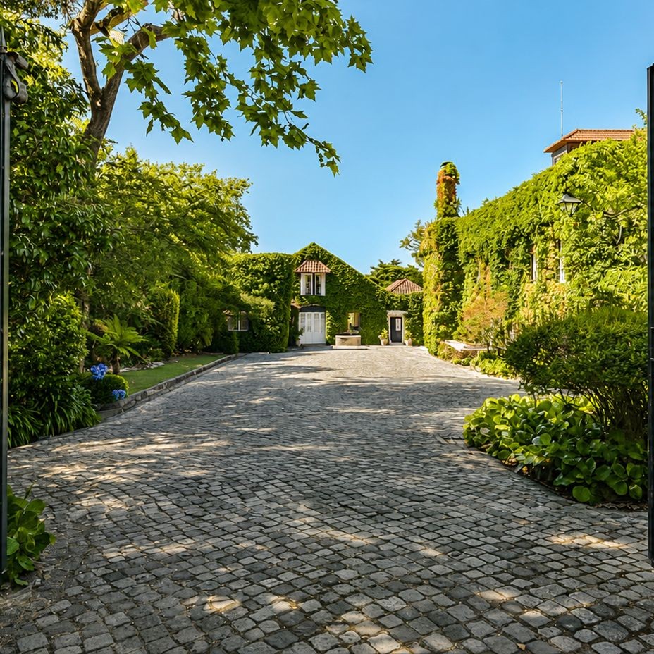 The gated entrance and cobbled driveway of Quinta da Penalva